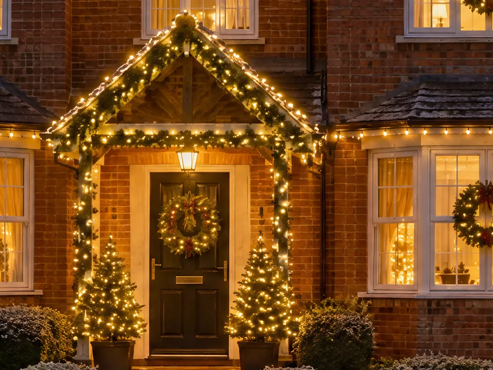 A front door with a lit wreath, a lit garland over the porch and a small lit tree on each side