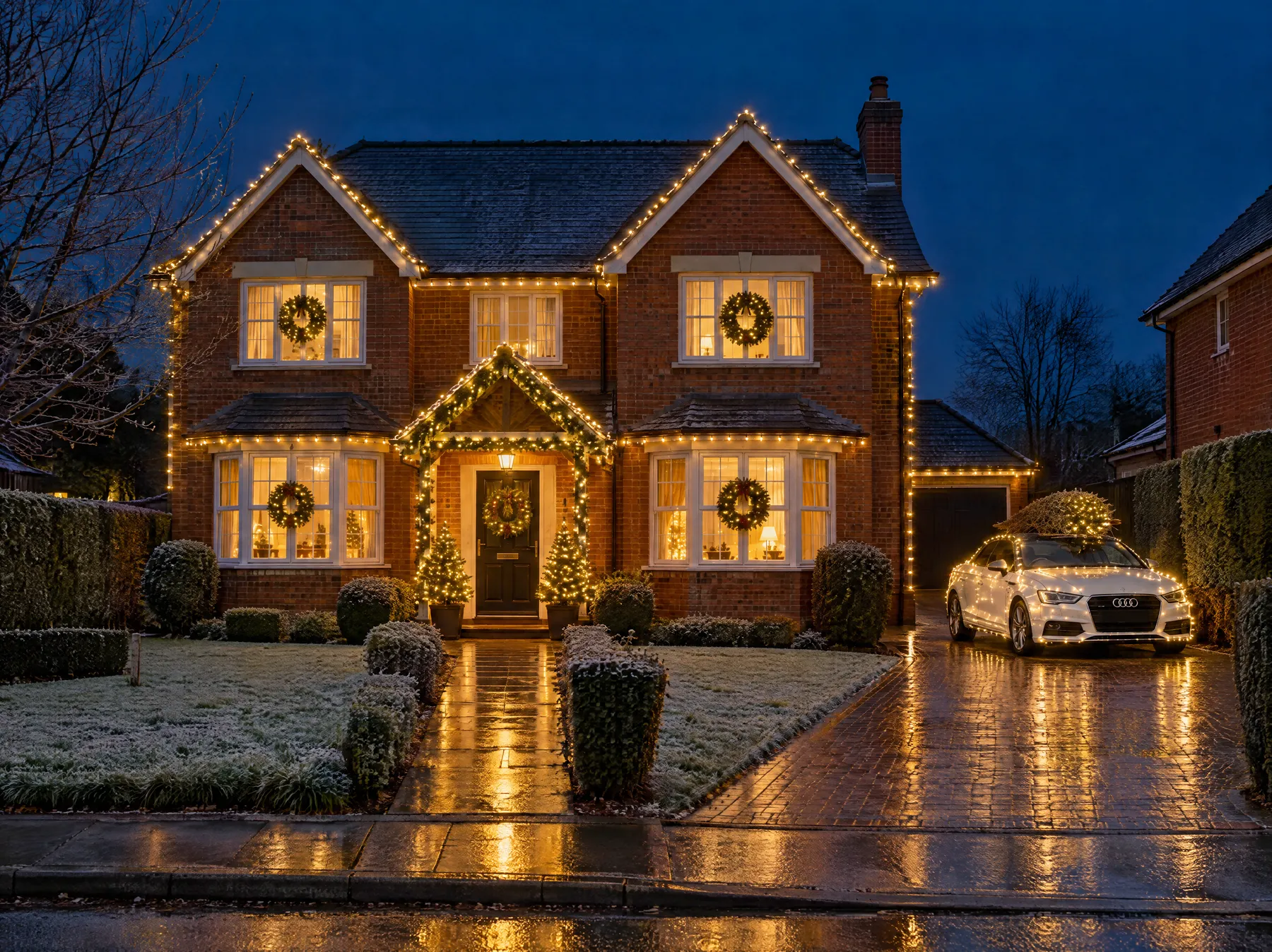 A detached house at dusk with warm white lights along the roofline, lit wreaths in the windows and a lit garland round the porch